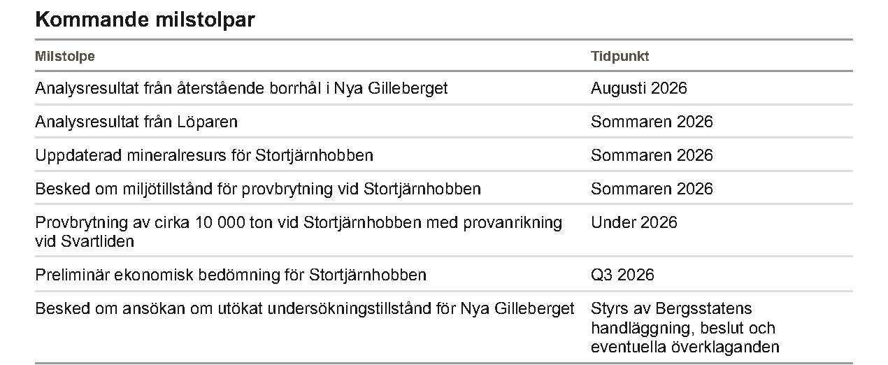 Tabellen Kommande milstolpar med analysresultat, mineralresurs, tillstånd och ekonomisk bedömning i beskedet från juni 2026.